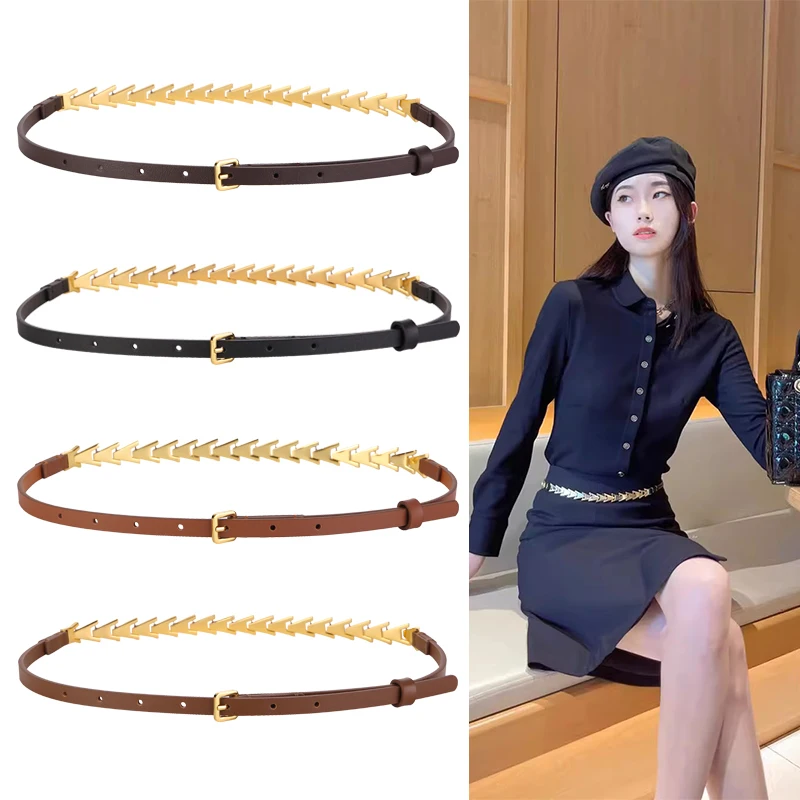 

New Women Thin Belt Genuine Leather Metal Fishbone Shape Pin Buckle Suitable for Dresses Jeans Luxury Women Belt