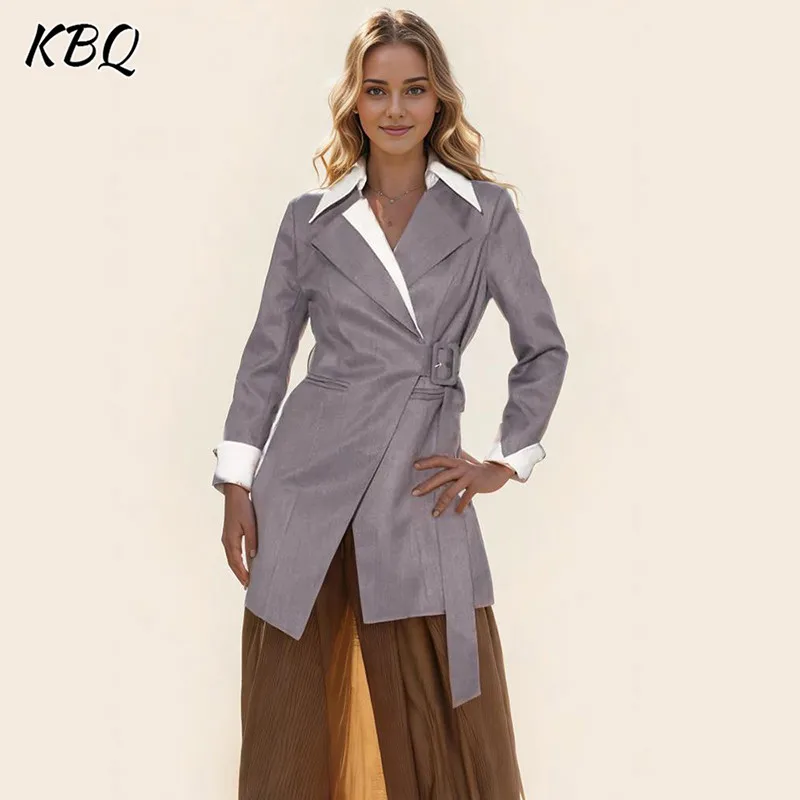 

KBQ Hit Color Designer Blazer For Women Notched Collar Long Sleeve Patchwork Belt Temperament Blazers Female Fashion Clothes New