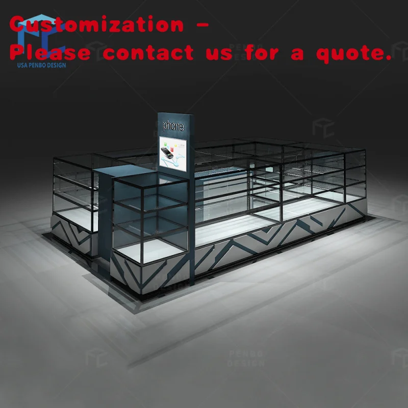 custom.High Quality Customized Glass Mall Kiosk Showcase Electronics Retail Display Mobile Phones Sale Counter Name Sign Kio