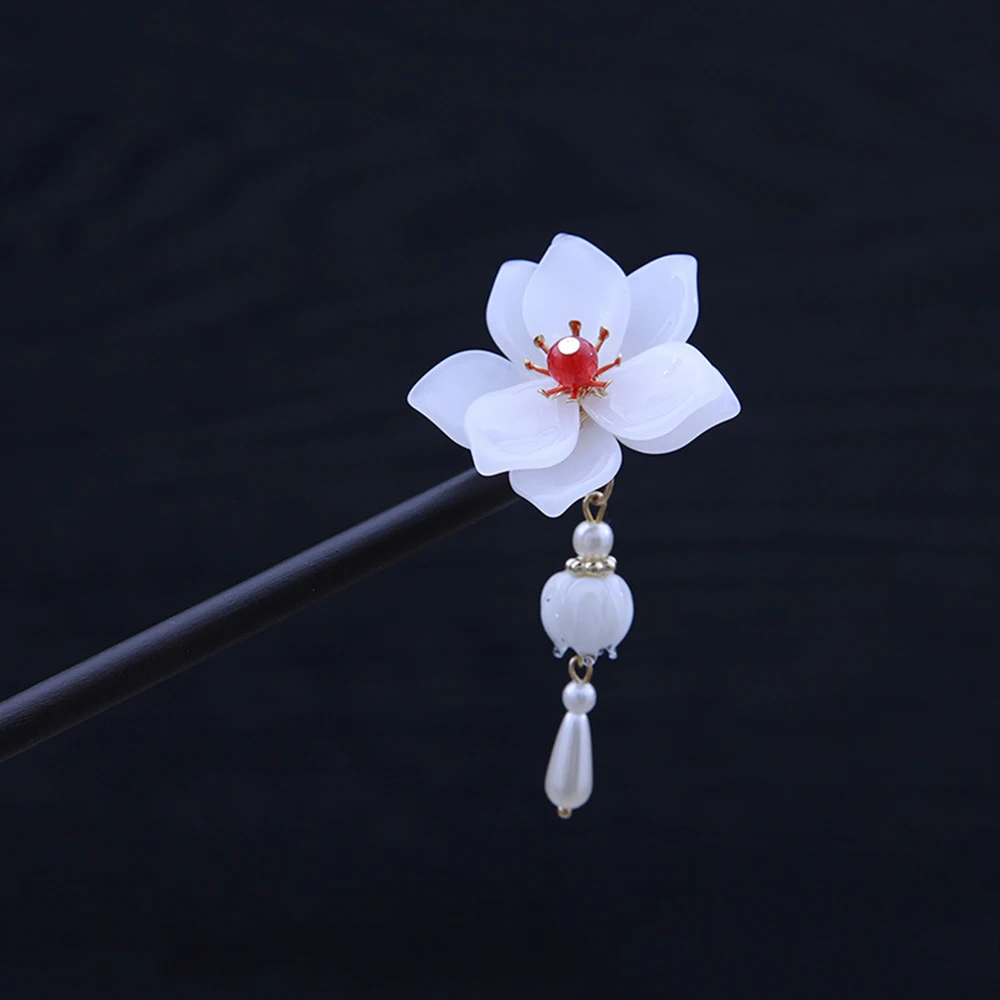 Ancient Chinese Style Wooden Hair Sticks Pink White Flower Decor Pearls Pendant Hair Clips Women Girls Step Shake Jewelry