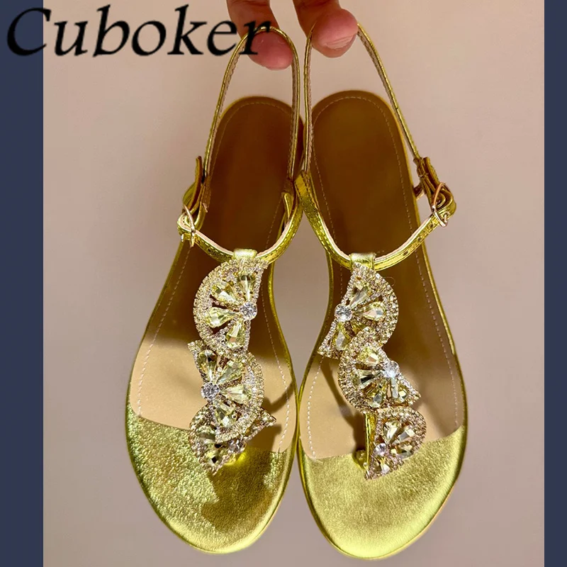 

2024 Summer Shining Rhinestone Flip Flops Flat Sandals For Women Fashion Ankle Buckle Crystal Sandals Casual Beach Sandals Mujer