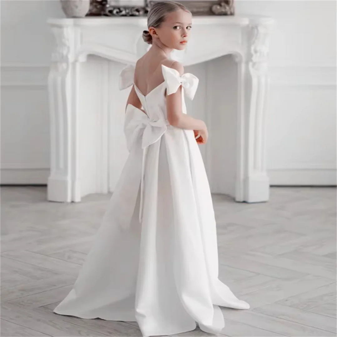 Elegant White Angel Flower Girl Dresses Satin Bow Short Sleeve For Wedding Kids Birthday GIft Banquet First Communion