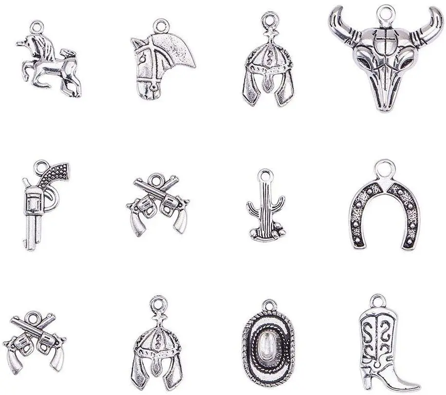 

Western Charms Tibetan Style Alloy Pendants Ox-Head Map with Cyprus Boot Revolver Pistol Unicorn Double Gun Horse Head