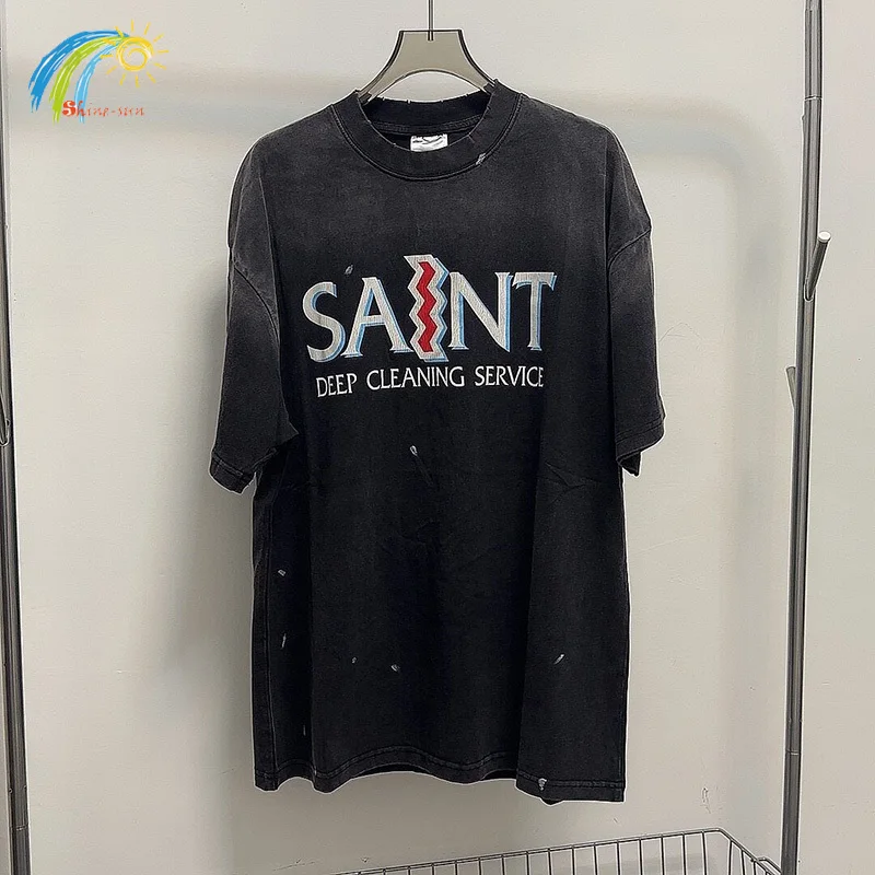 26SS Classic Cracked Letters Logo Ghost Print Saint T-Shirt Washed Black Splash-Ink Damaged Tee Top Quality Cotton Loose T Shirt