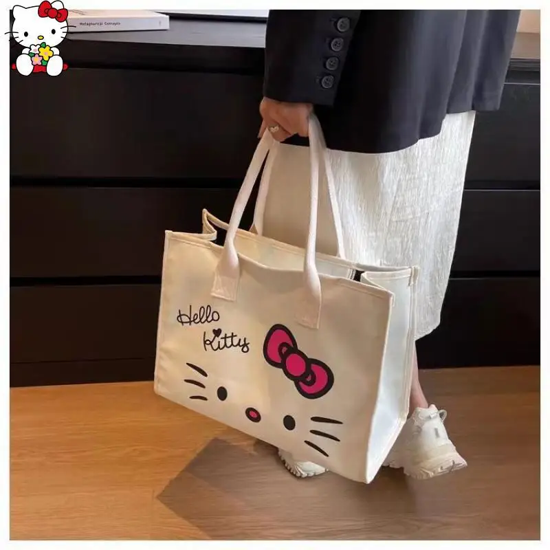 

Kawaii Hello Kitty Girls Canvas Bag Anime New Fashion Cartoon Sanrio Sweet Shoulder Bag Tote Bag College Student Class Tote Bag