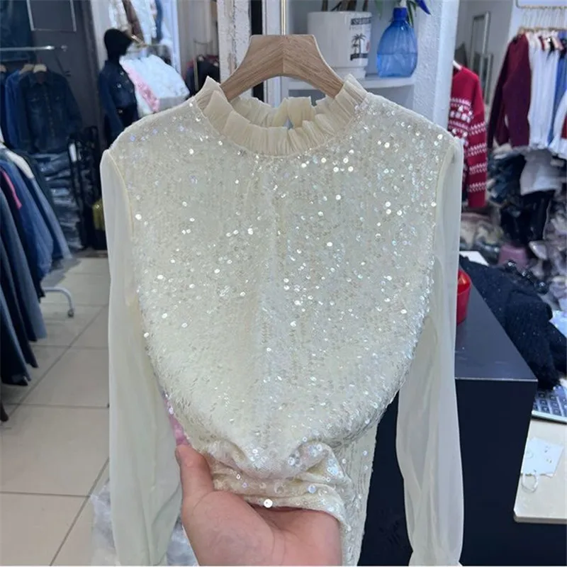 Ruffled Chiffon Long Sleeved Top Women\'s Bottom Top Women Shirts Sequined Clothes Korean Style Clothes Sequin Shirt Blouse