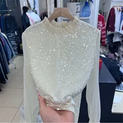 Top a maniche lunghe in Chiffon arruffato Top da donna con fondo superiore camicie da donna vestiti con paillettes vestiti in stile coreano camicetta con paillettes