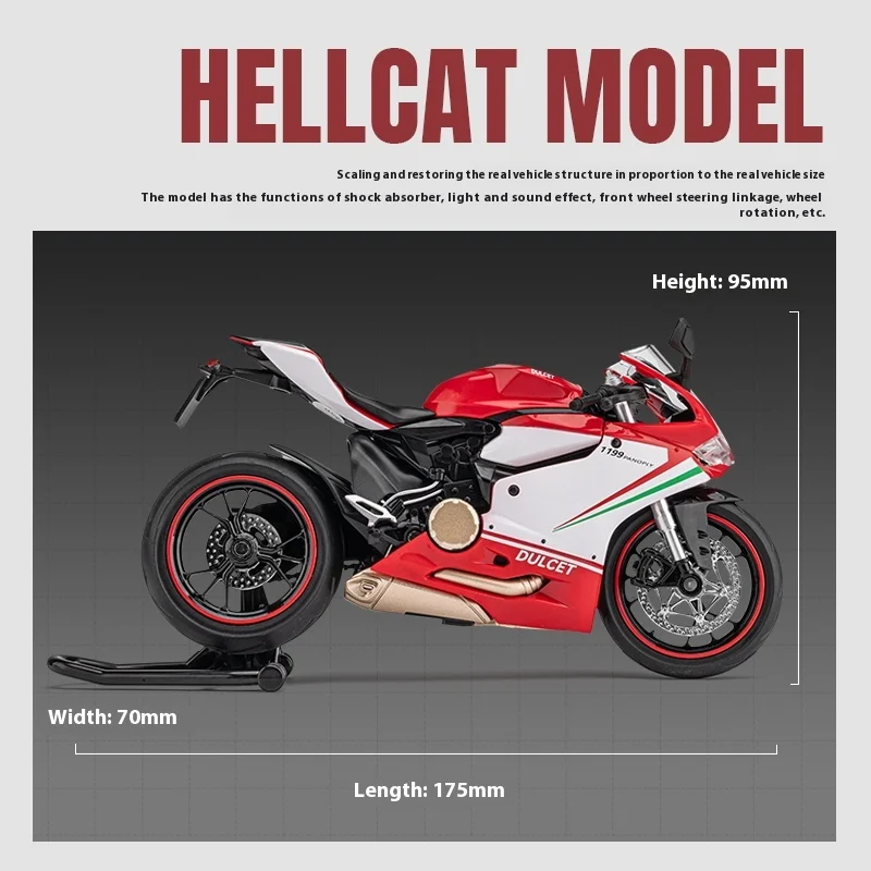 1:12 Scale Ducati 1199 Alloy Motorcycle Model w/ Shock Absorbers - Collectible Kids Toy for Motorsport Fans