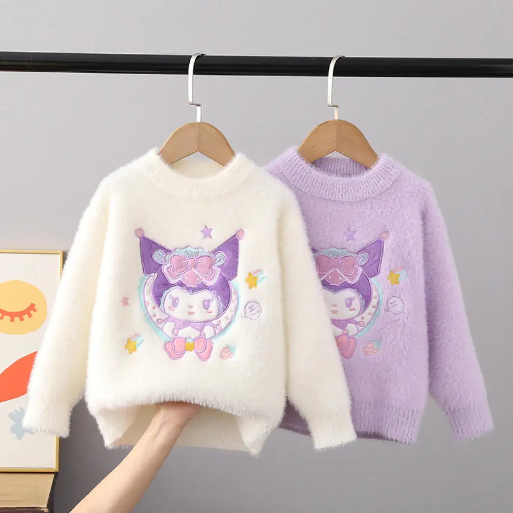 Sanrio Kuromi Girls Sweet Sweater Knitwear New Autumn and Winter Thickened and Velvet Style Children's Cartoon Bottoming Shirt