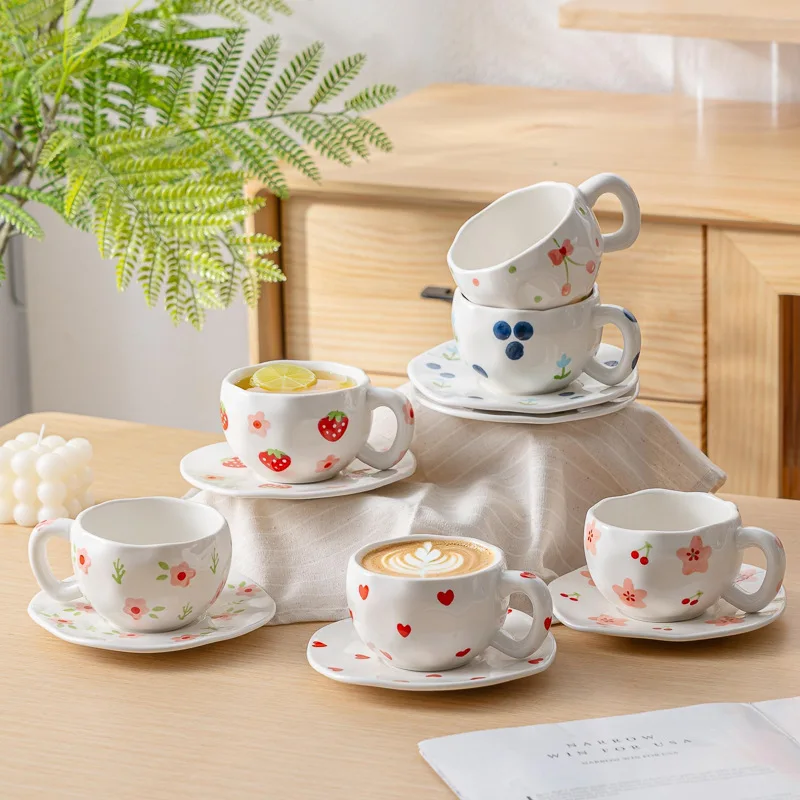 300ml Hand-painted Ceramic Coffee Cup Heart Shape, Afternoon Tea, Milk Latte Cup, Dessert Plate,Cup and Stew Set Home Decoration