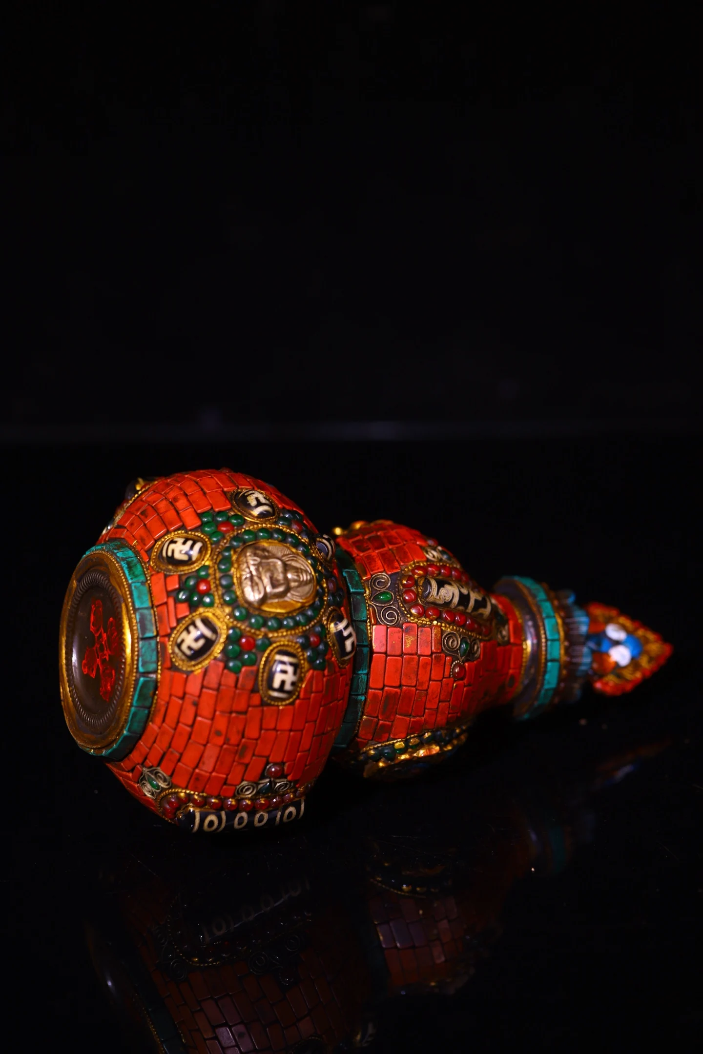 8"Old Crystal Painted Mosaic Gem gZi Beads Turquoise Shakyamuni Buddha calabash Town house Gourd Statue Amulet Worship Hall view 6