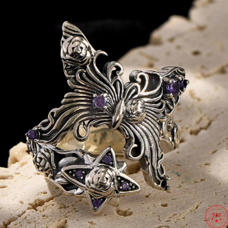 S925 Sterling Silver Rings for Women New Fashion Ancient Hollow Butterfly Inlaid Zircon Adjustable Punk Jewelry