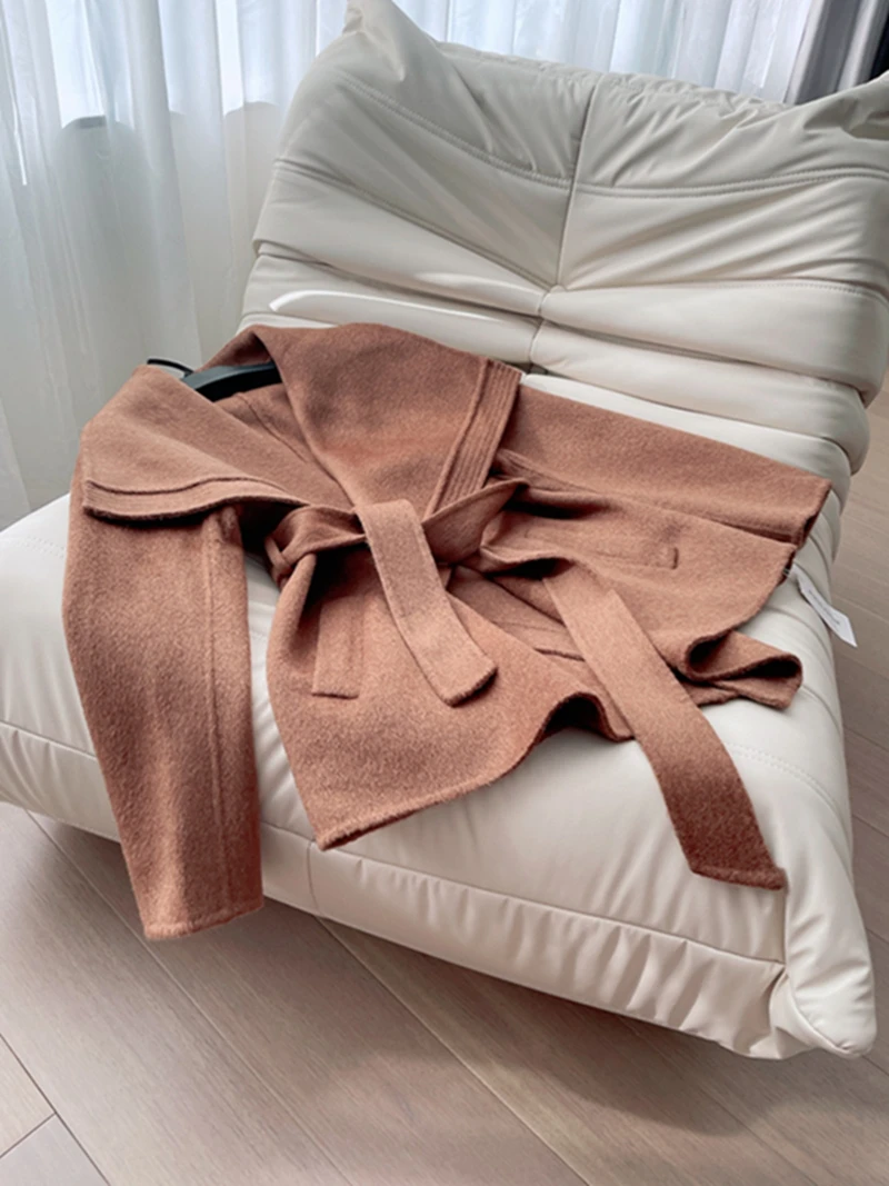 

Двустороннее шерстяное пальто Ele с поясом, большой воротник, свободная женская верхняя одежда, модная теплая зимняя верхняя одежда