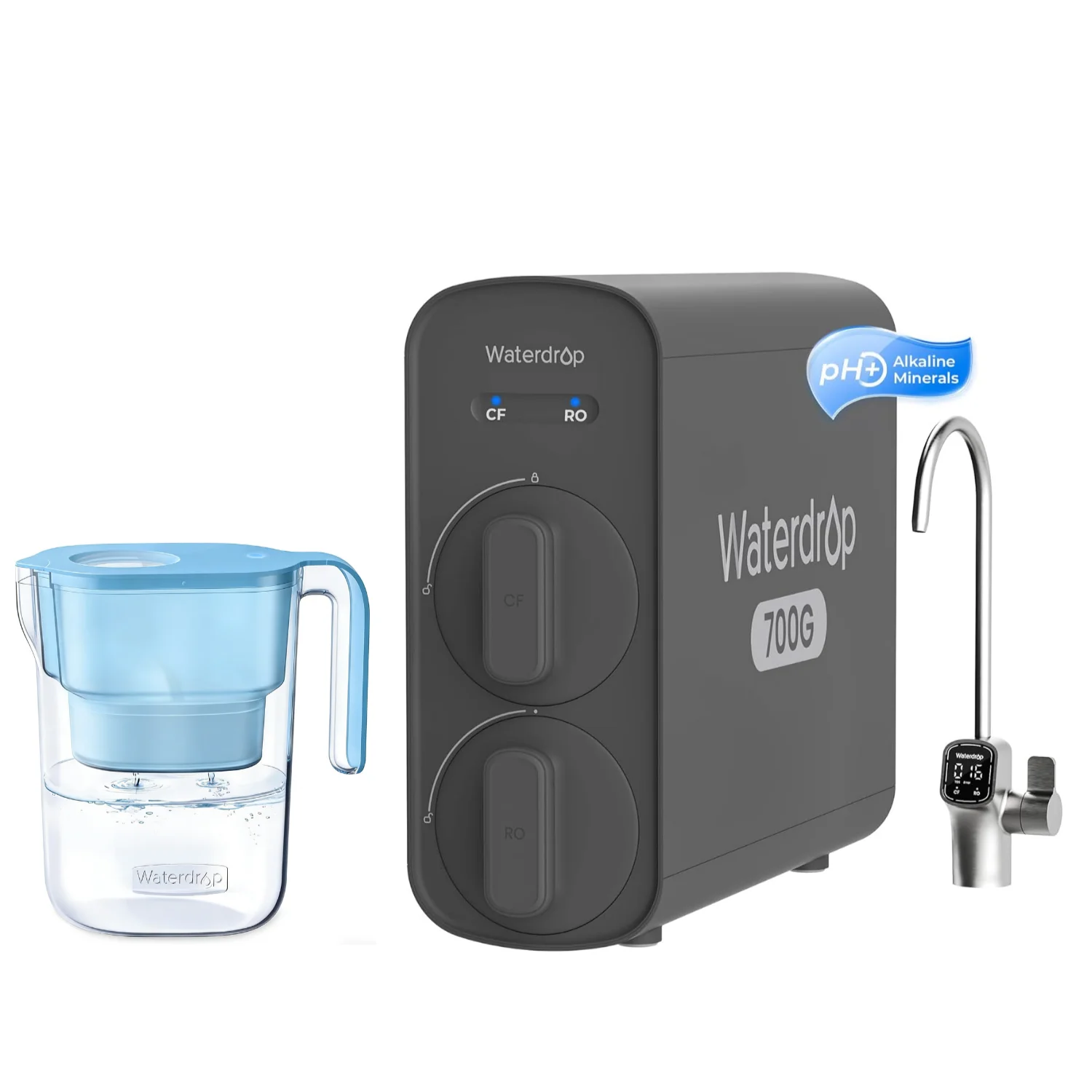 

Waterdrop G5P700A Alkaline Mineral pH+ Reverse Osmosis Water Filter, Smart LED Faucet, Including Waterdrop Water Filter Pitcher