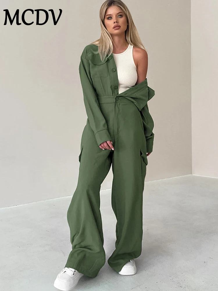 

MCDV Vintage Jumpsuit for Women Pocket Lapel Long Sleeve Overalls 2024 Buttons Jacket Wide Leg Cargo Pants One-piece Rompers