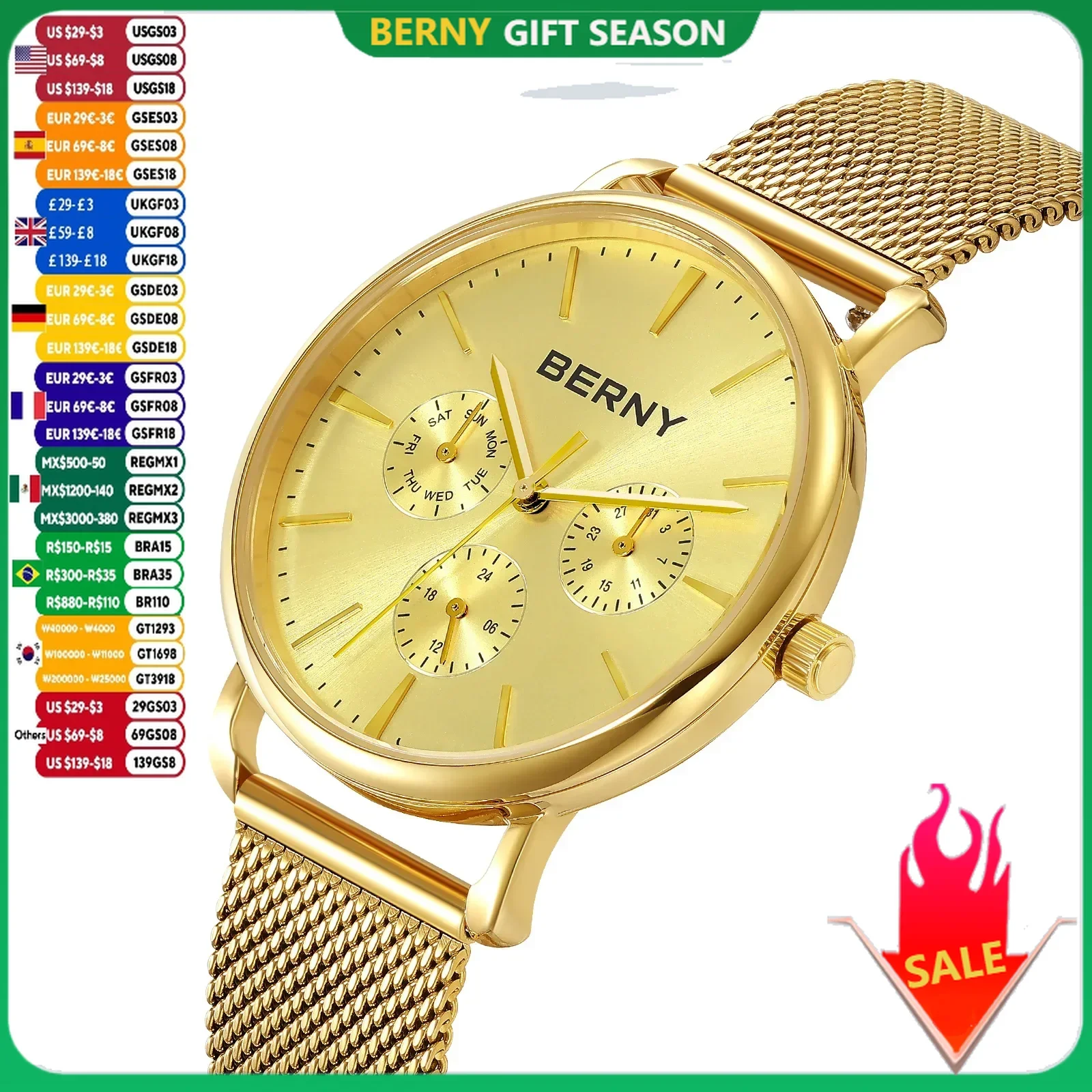 BERNY Gold Men\'s Watches Calendar Week Modernist style Classic Elegant Ultra-thin Golden Quartz Men Watch Full Stainless steel