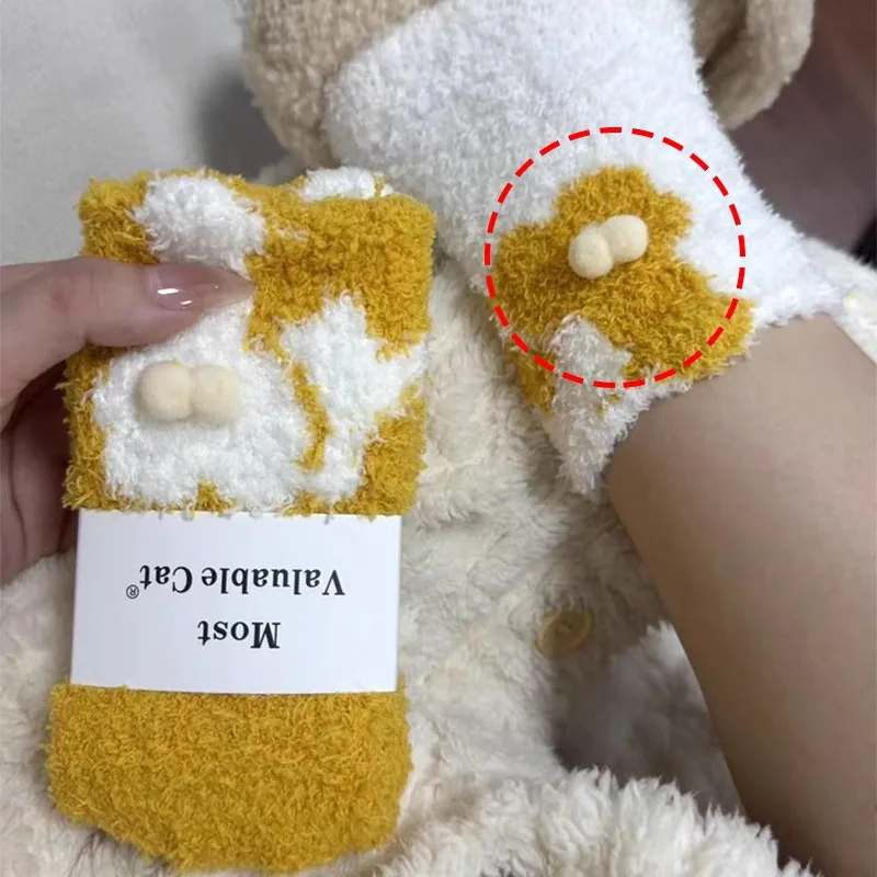 

2025 женские плюшевые зимние теплые толстые коралловые флисовые чулки Kawaii Lolita Cat Egg, забавные носки с героями мультфильмов, домашние носки для сна