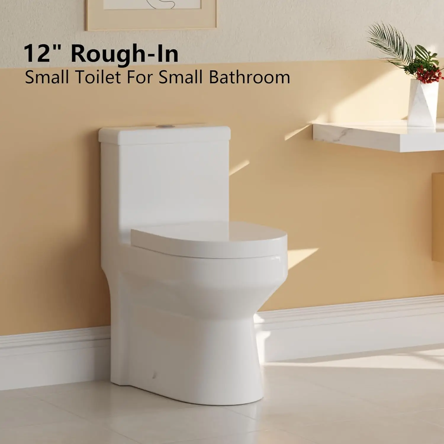 Small Compact One Piece Toilet For Bathroom, Dual Flush Toilet with Soft Closing Seat, 0.8/1.28 GPF High-Efficiency, White Toile