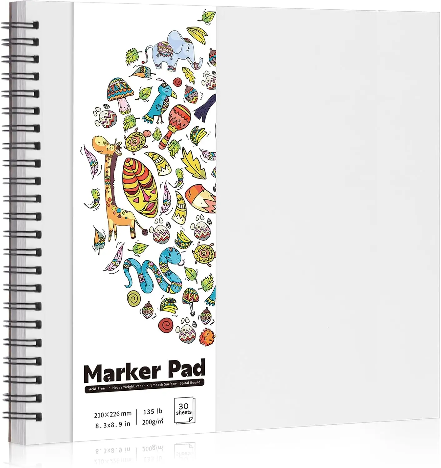 200gsm Marker Paper Pad, 8.3x8.9in, 30 Sheets, Spiral Sketchbook, Bleedproof, Smooth, for Alcohol Markers