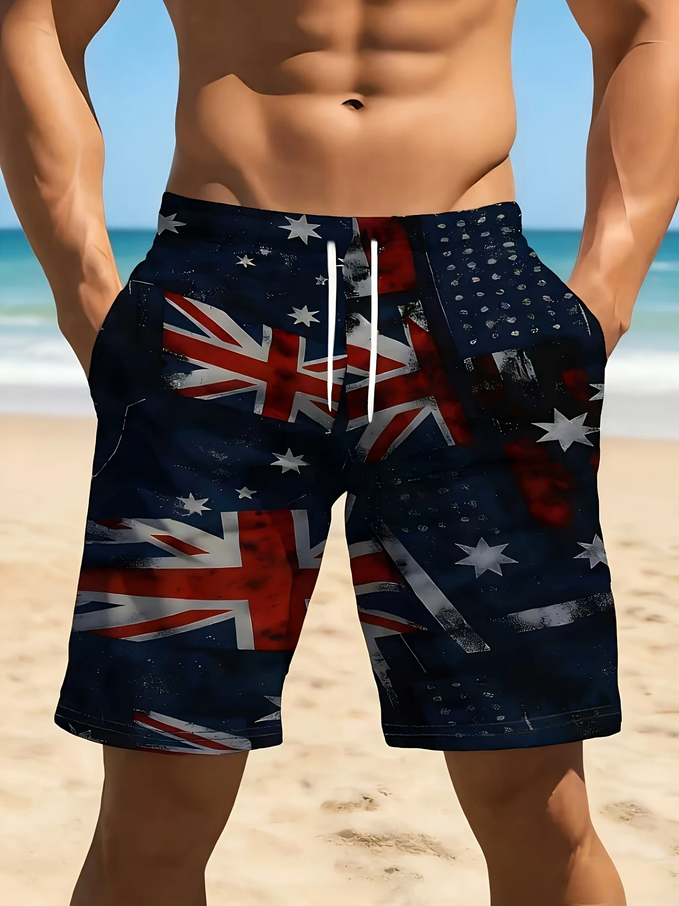 

2026 Men's UK Union Jack Flag Print Quick Dry Drawstring Waist Beach Shorts Swim Trunk