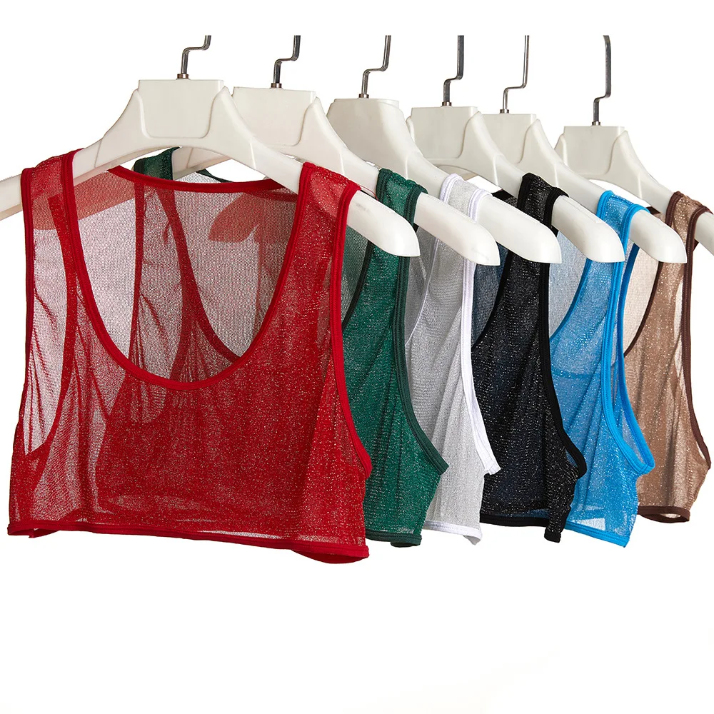 Men Sexy Mesh Crop Tops Cropped Muscle Vest See Through Shiny Singlets Lingerie Glossy Undershirt Gym Fitness Sleeveless T-shirt