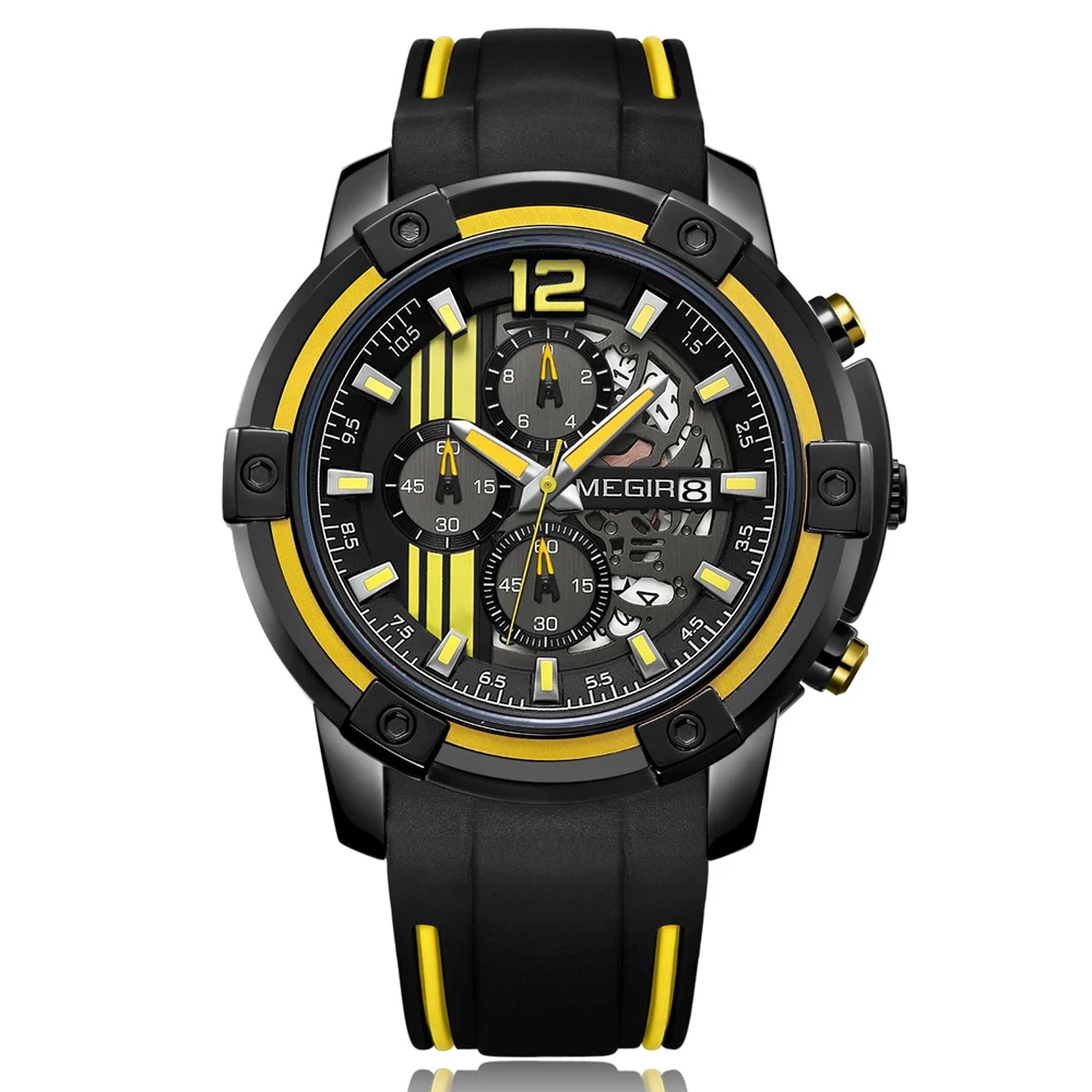 MEGIR Men\'s Yellow Silicone Strap Quartz Watches Chronograph Sports Clock for Man Rubber Military Army Male Gift Wristwatch 2097