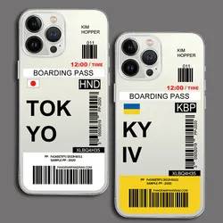 World City Travel Ticket New York London Label Phone Case For iPhone 11 7 8 Plus SE2 14 13 12 Pro Max XS X XR Transparent Cover