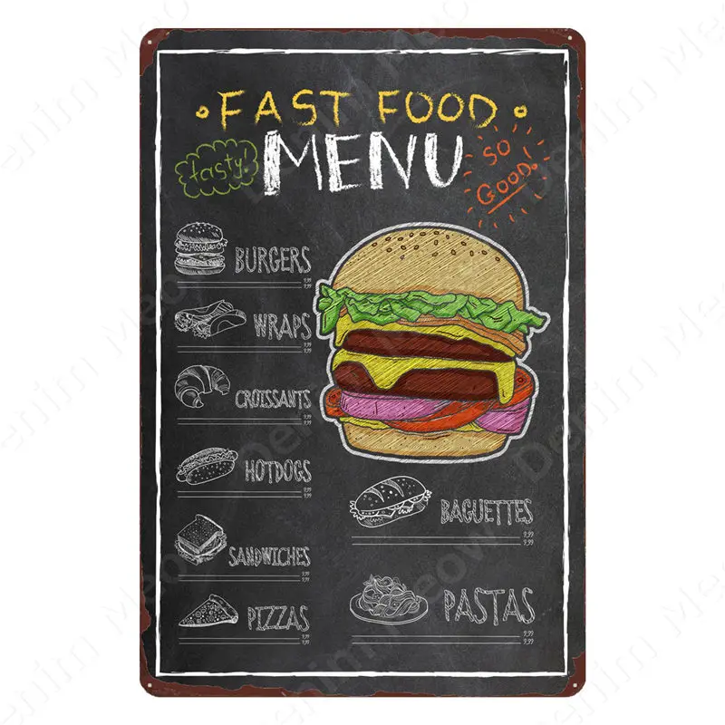 Fast Food Menu Vintage Tin Sign, BBQ Menu, Metal Poster, Burgers, Pizza, Wall Decoration for Party, Kitchen, Home Decor, N460