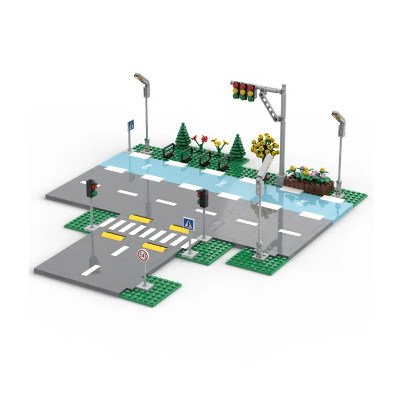 Compatible With Lego Small Building Blocks MOC City Series 60304 City Group Floor Street View Road Traffic Light Sign Scene Toys