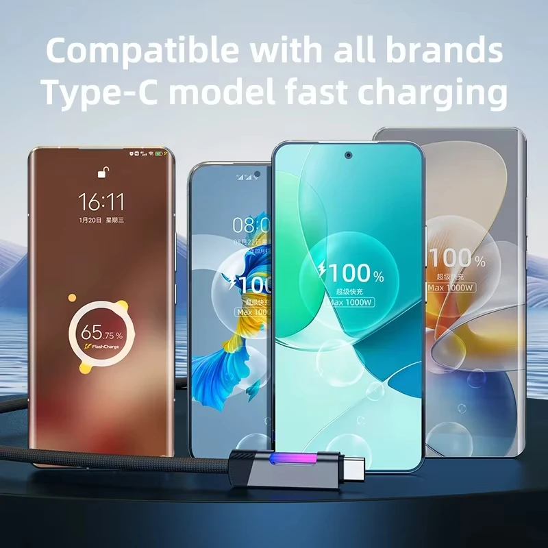 NNBILI جديد 100 واط 6A كابل شحن سريع USB نوع C كابل شحن مع RGB المحيطة ضوء USB C الحبل لسامسونج Xiaomi هواوي 1 متر/2 متر #6