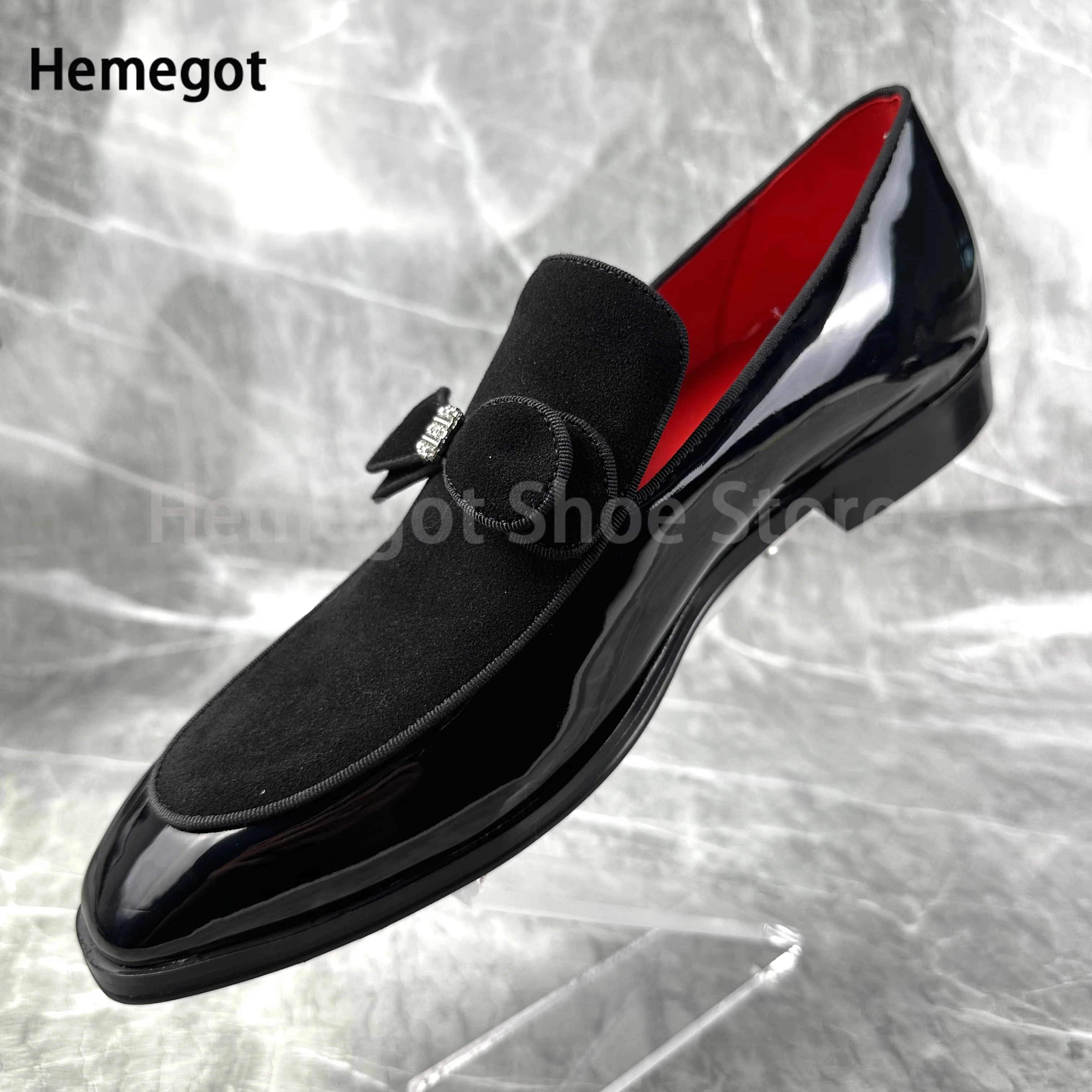 Bowknot Black Patent Leather Men Dress Shoes Square Toe British Style Loafers Formal High Quality Flat Wedding Office Shoes