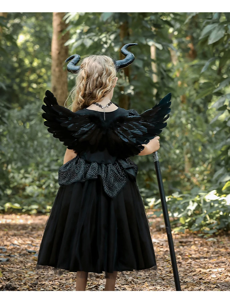 Maleficent-Kostümset für Kinder, Mädchen-Böse-Königin-Outfit, Deluxe Schwarzes Tüllkleid mit Accessoires für Karnevalsparty und Rollenspiel – Detail 5
