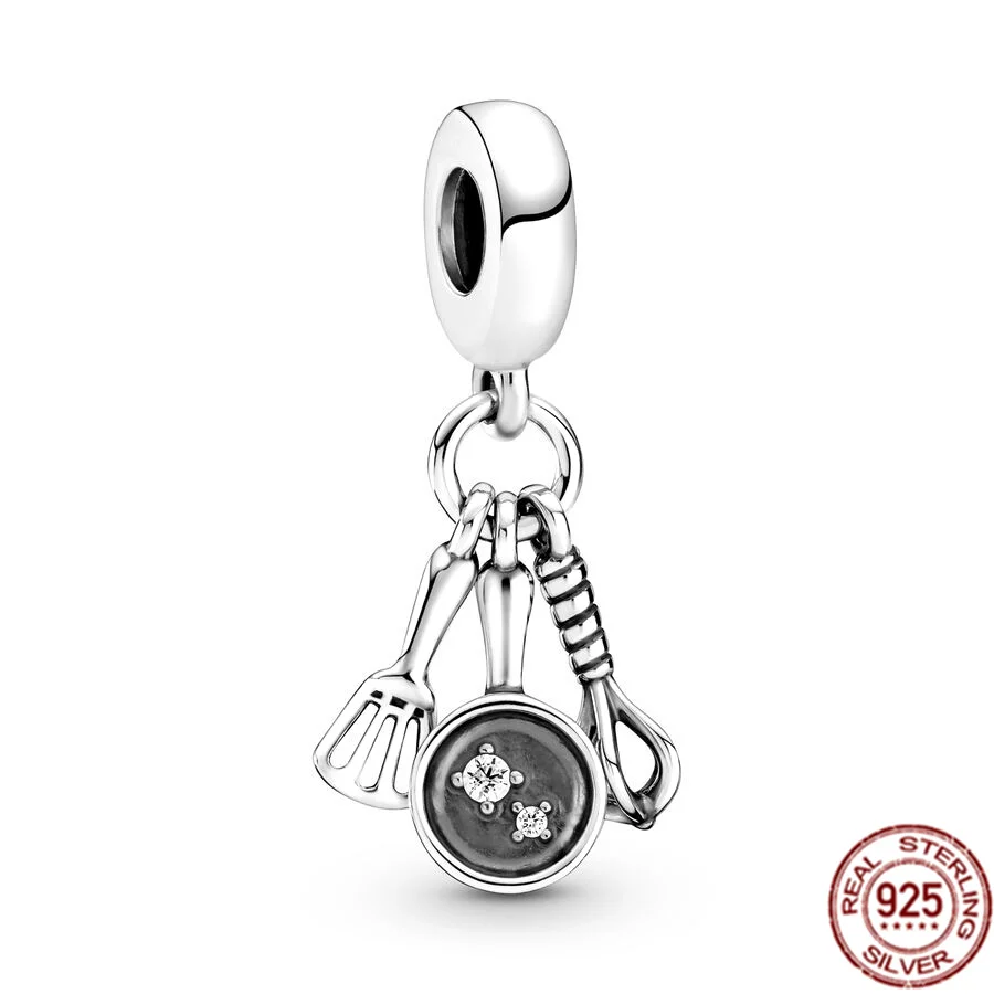 Espátula y olla de café desgastada de Plata de Ley 925, sartén, colgante, abalorio de joyería, compatible con pulsera Pandora Original, gran oferta