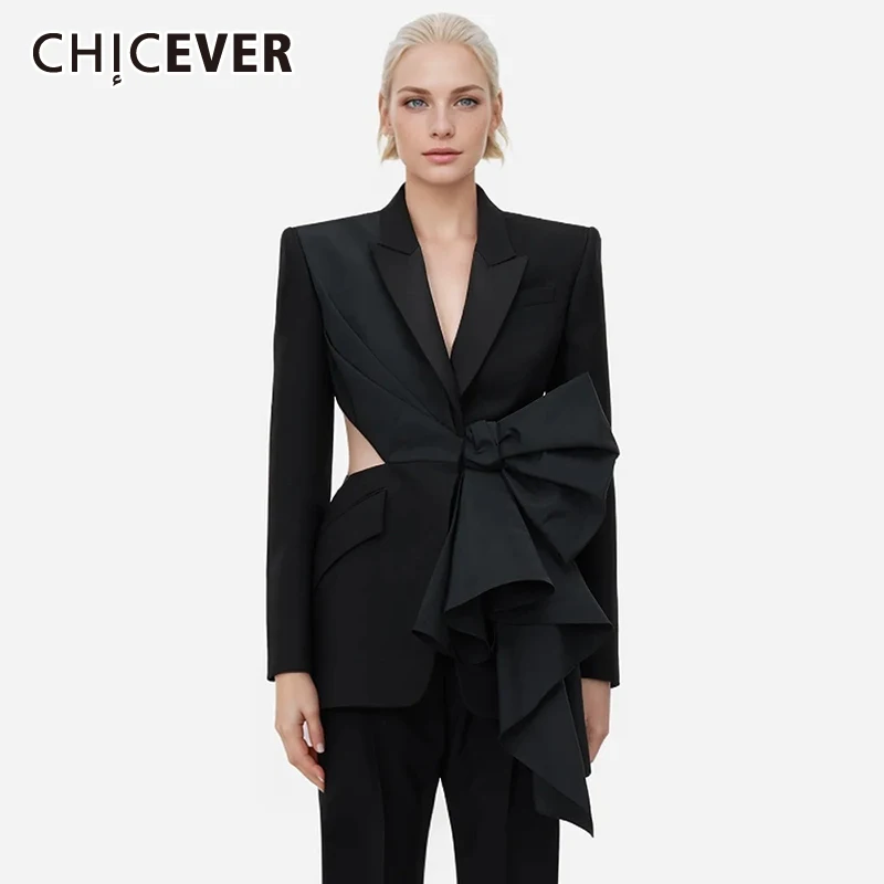 CHICEVER Designer Hollow Out Blazer For Women Lapel Long Sleeve Temperament Patchwork Bowknot Slimming Solid Blazers Female New