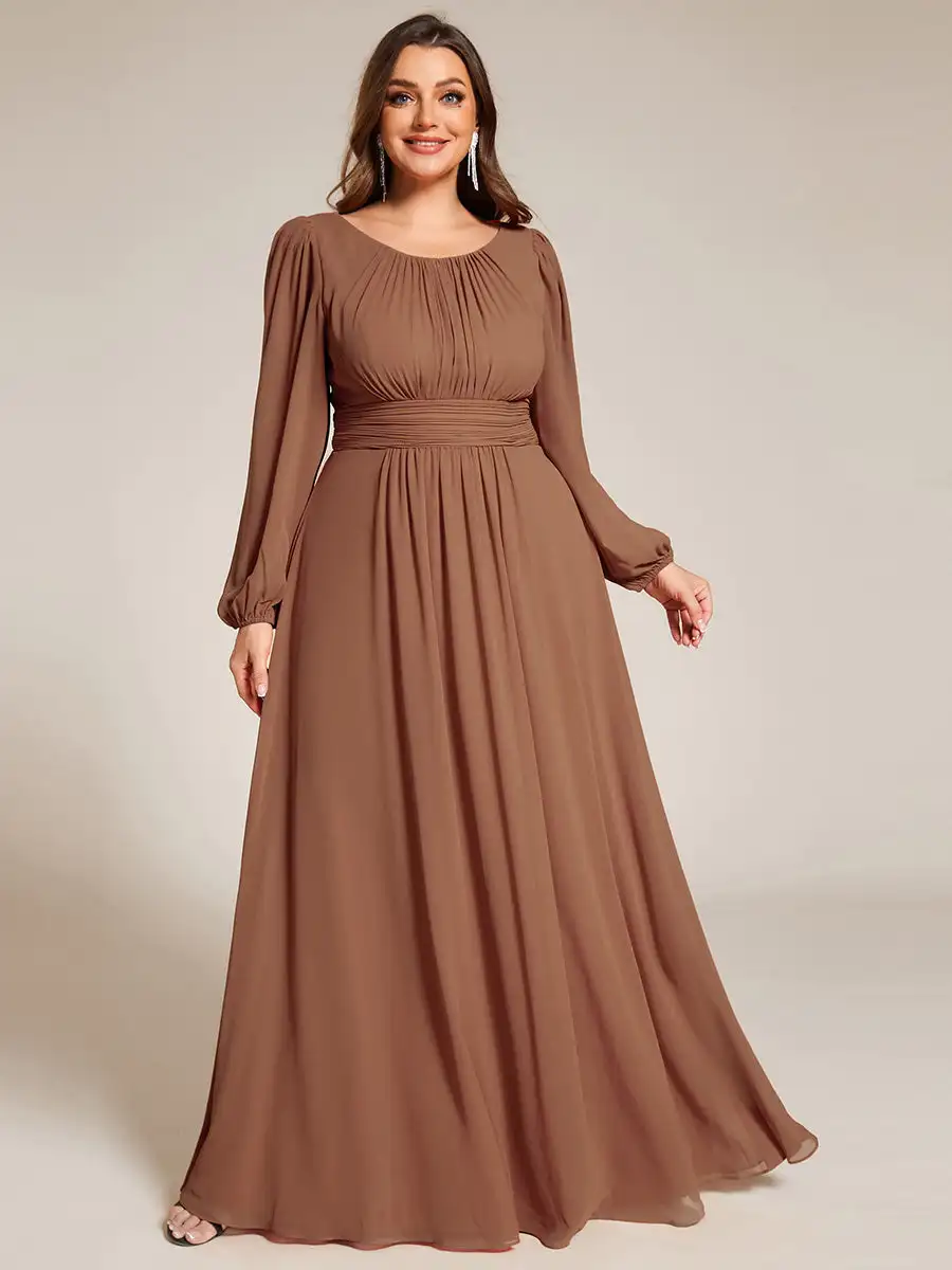 

Plus Size Evening Dresses Round Neck Long Lantern Sleeves Floor length 2025 Ever Pretty of A-line Brown Bridesmaid dress