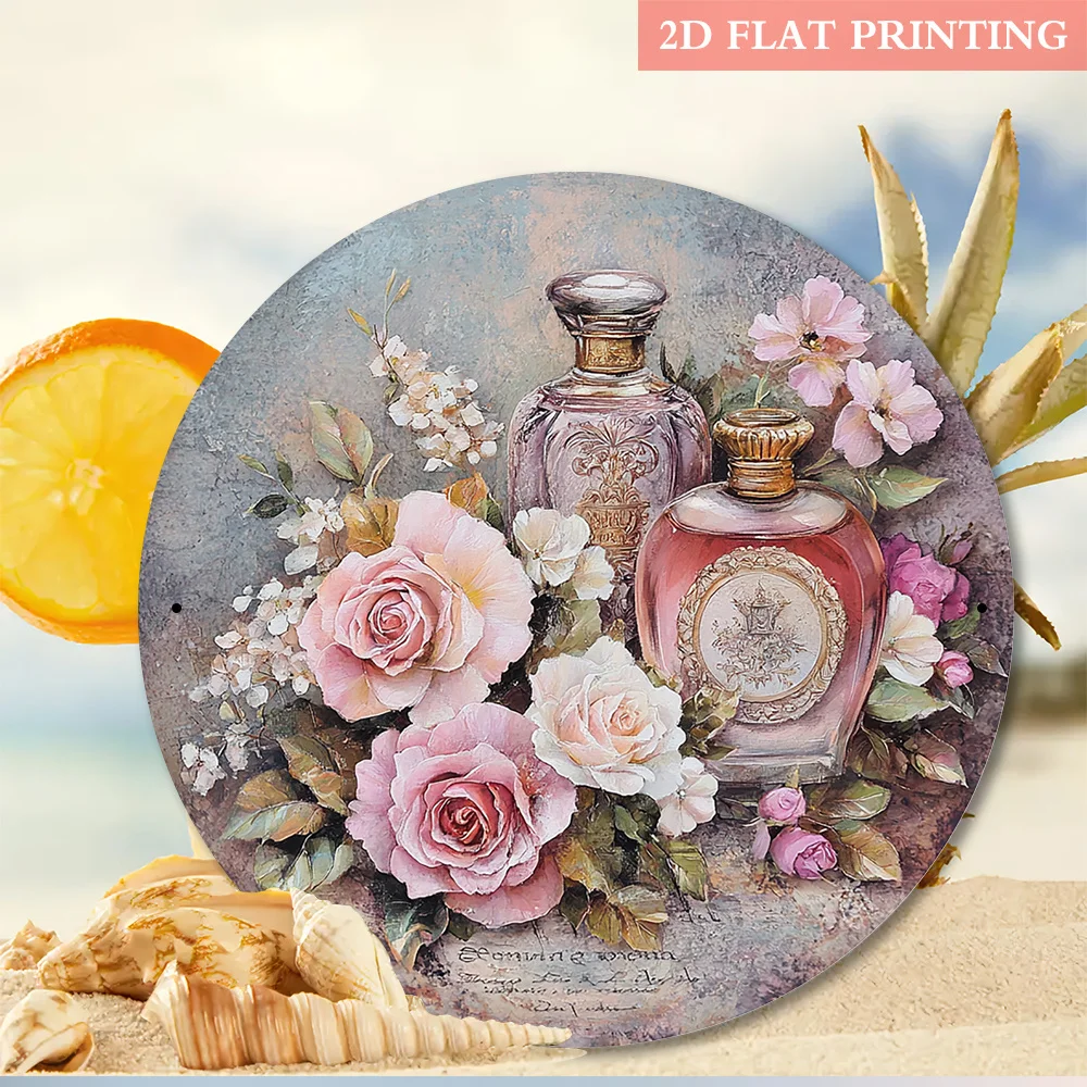 CIFBUY Vintage Floral Perfume Bottle and Rose Metal Wall Art Waterproof Durable Aluminum Wall Art for Bedroom Dressing Room Eleg