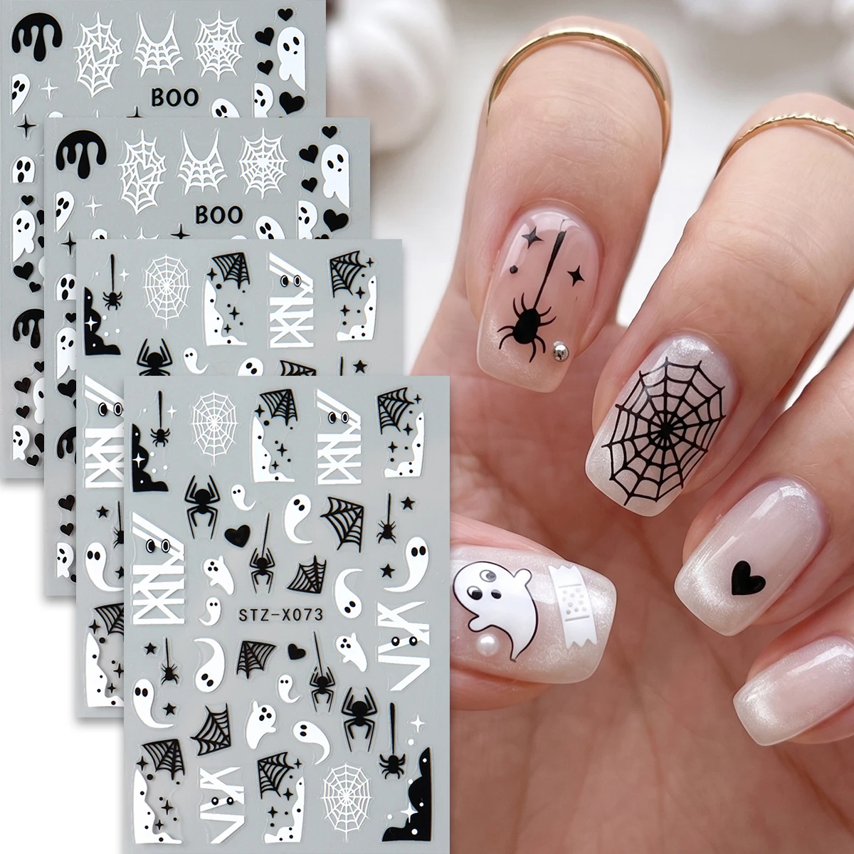 4 Stück schwarz-weiße Geister-Halloween-Nagelaufkleber, niedliche Gothic-Style-Cartoon-Geister, Spinnennetze, Nagelaufkleber, DIY-Maniküre-Dekorationen – Detail 5