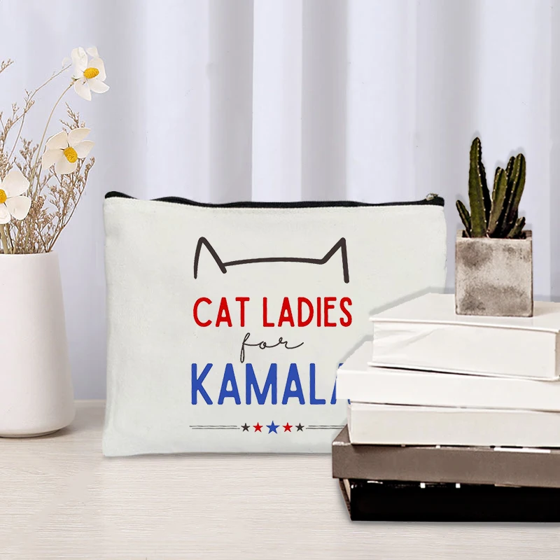 Cat Ladies for Kamala Pattern Makeup Bag Best Gift for Kamala Supporter Women Cosmetic Case Kamala Rally T Large Capacity Purse