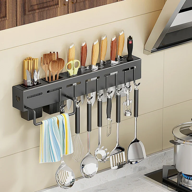 Wall mounted multifunction kitchen utensils organizer spice rack shelf storage holders & dish