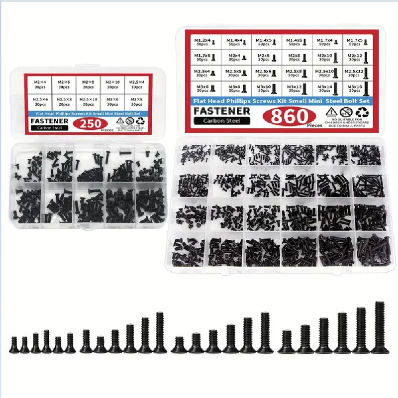 250Pcs860pcs Micro Computer And Eyeglasses Screws Assortment Kit Black M1.2-M3 For 3D Printer Accessories Home Electronic Repair