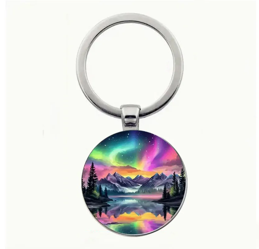 

Vintage Aurora Mountain & Lake Keychain - Zinc Alloy, Colorful Northern Lights Design, Ideal for Keys and Bags, Versatile Style