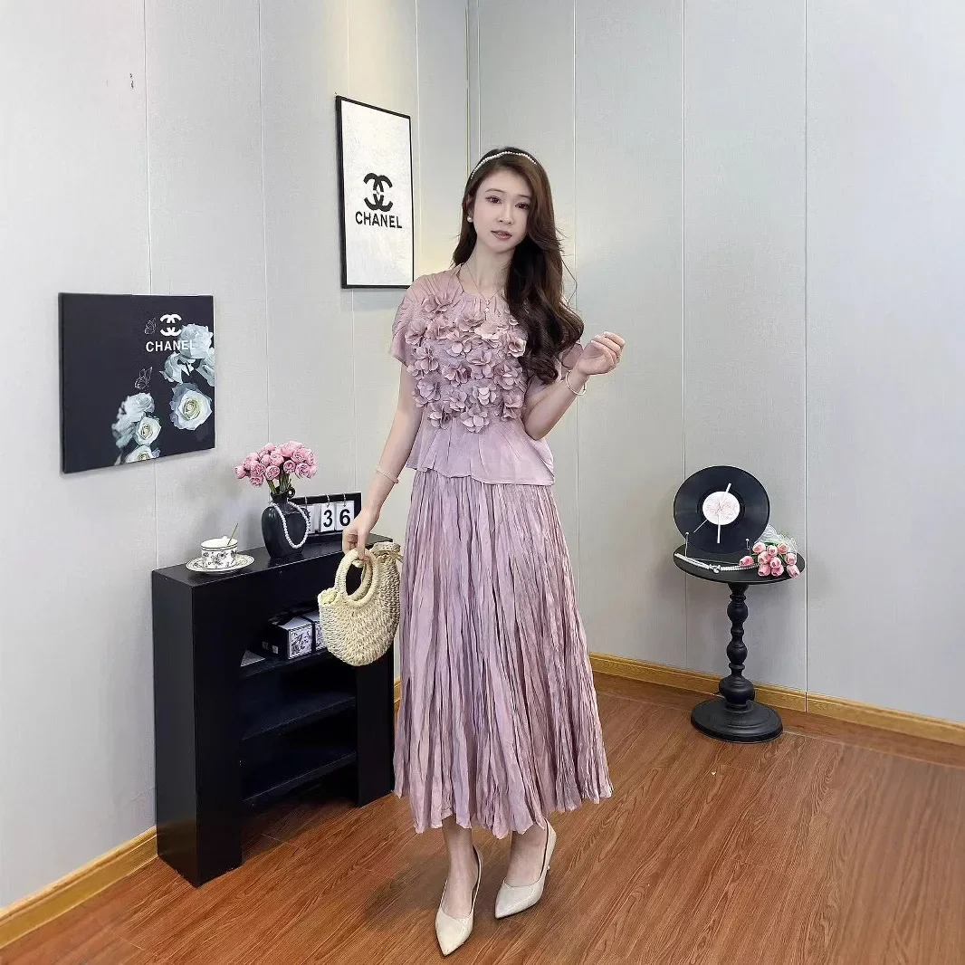 

Miyake Original Pleated Skirt Set Leaf Pleated Top + Casual Half Skirt Loose Set Fashion Women Clothing 2025 Spring New