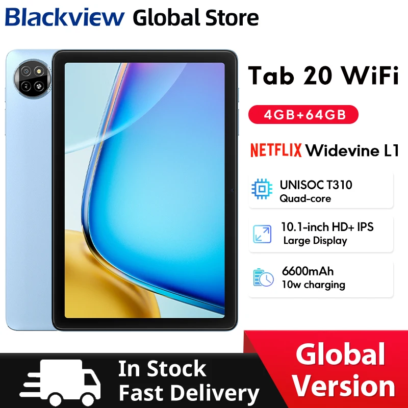 Blackview Tab 20 WIFI Tablets 10.1'' HD+ IPS Display Widevine L1 4GB 64GB Unisoc T310 Android 15 6600mAh 8MP Tablet Pad PC