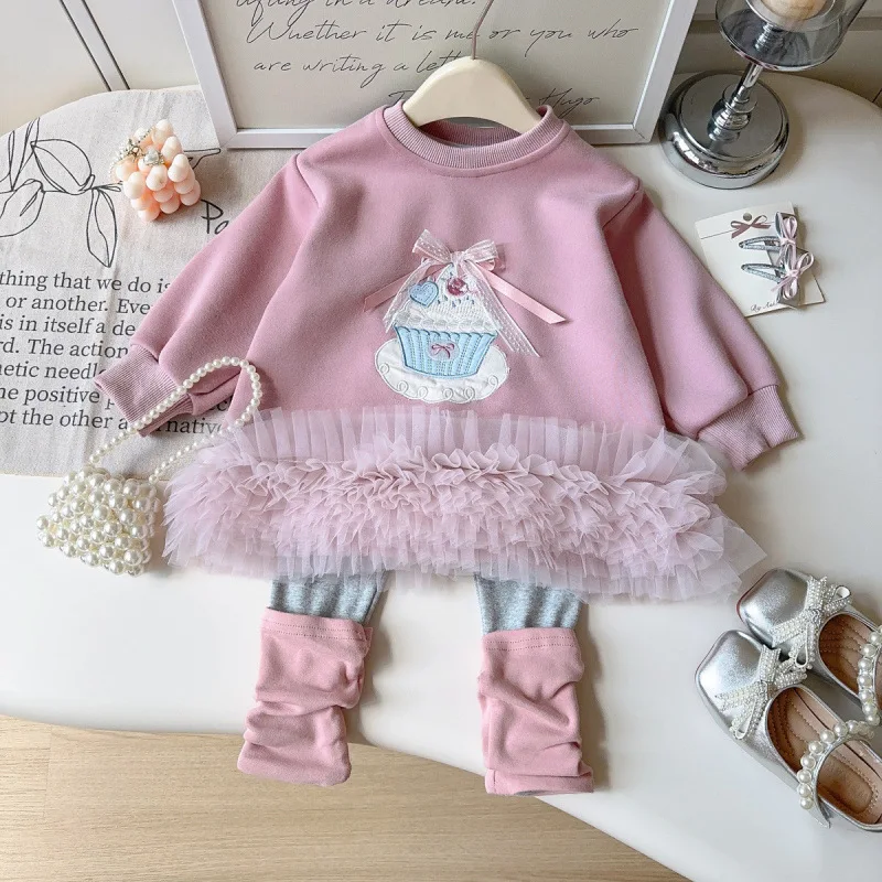 

Children's Set New Autumn Girls' Fashion Cute Mesh Long Sleeve Sweatshirt Dress+Two-piece leggings set