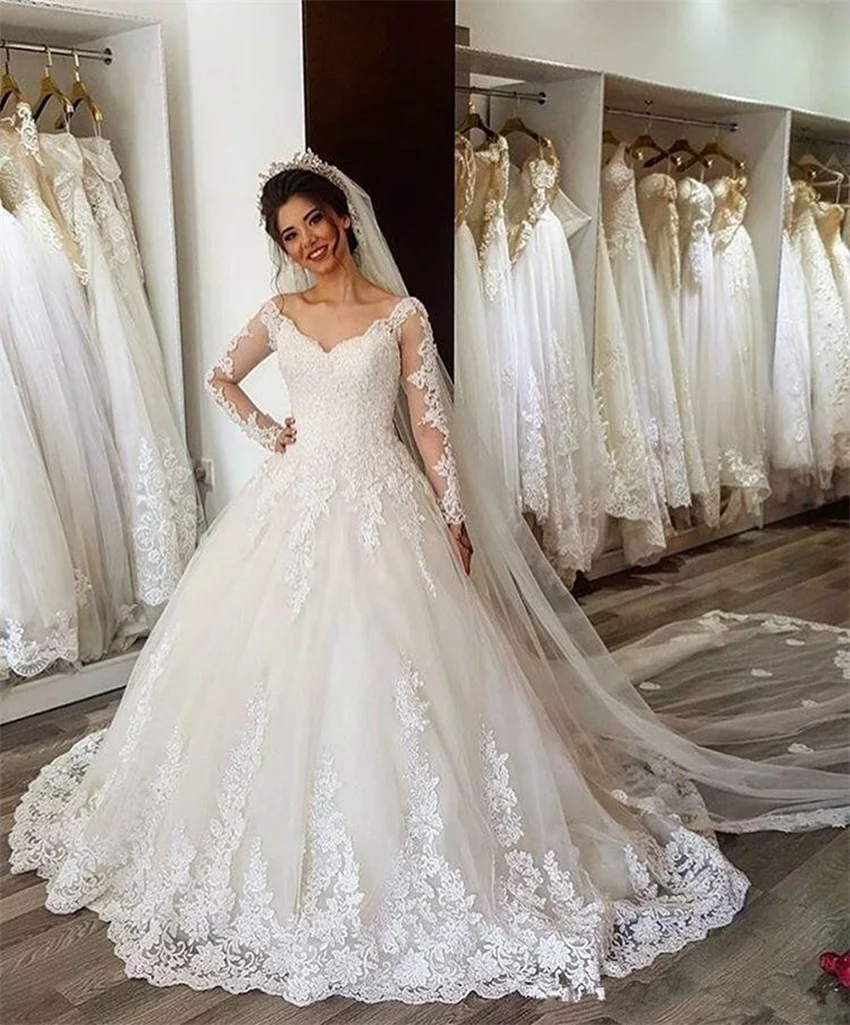 

White Ivory V-neck Wedding Dresses Women Elegant Bride Dress Lace Appliques Vestidos De Novia Long Sleeves A-Line Wedding Gowns