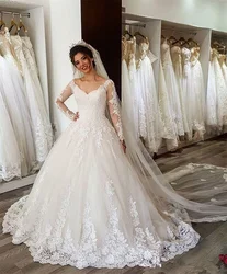 White Ivory V-neck Wedding Dresses Women Elegant Bride Dress Lace Appliques Vestidos De Novia Long Sleeves A-Line Wedding Gowns
