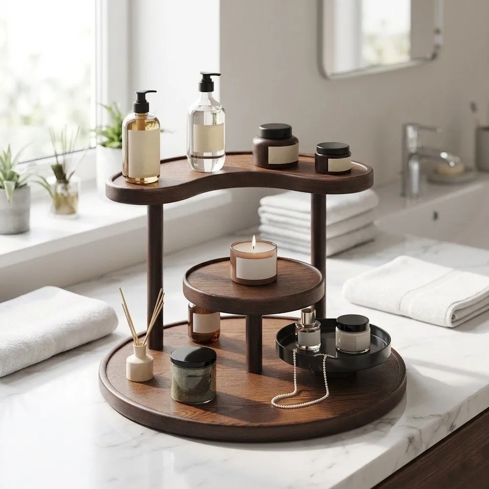 Brown Wood 3-Tier Perfume Display Rack Curved Design for Fragrance Collection and Cosmetic Storage at For Home