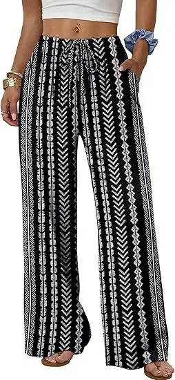 Striped Print Women Pants Summer and Autumn Solid High Waist Wide-Leg Trousers Female Loose Hemp Casual Breathable Sports Pants