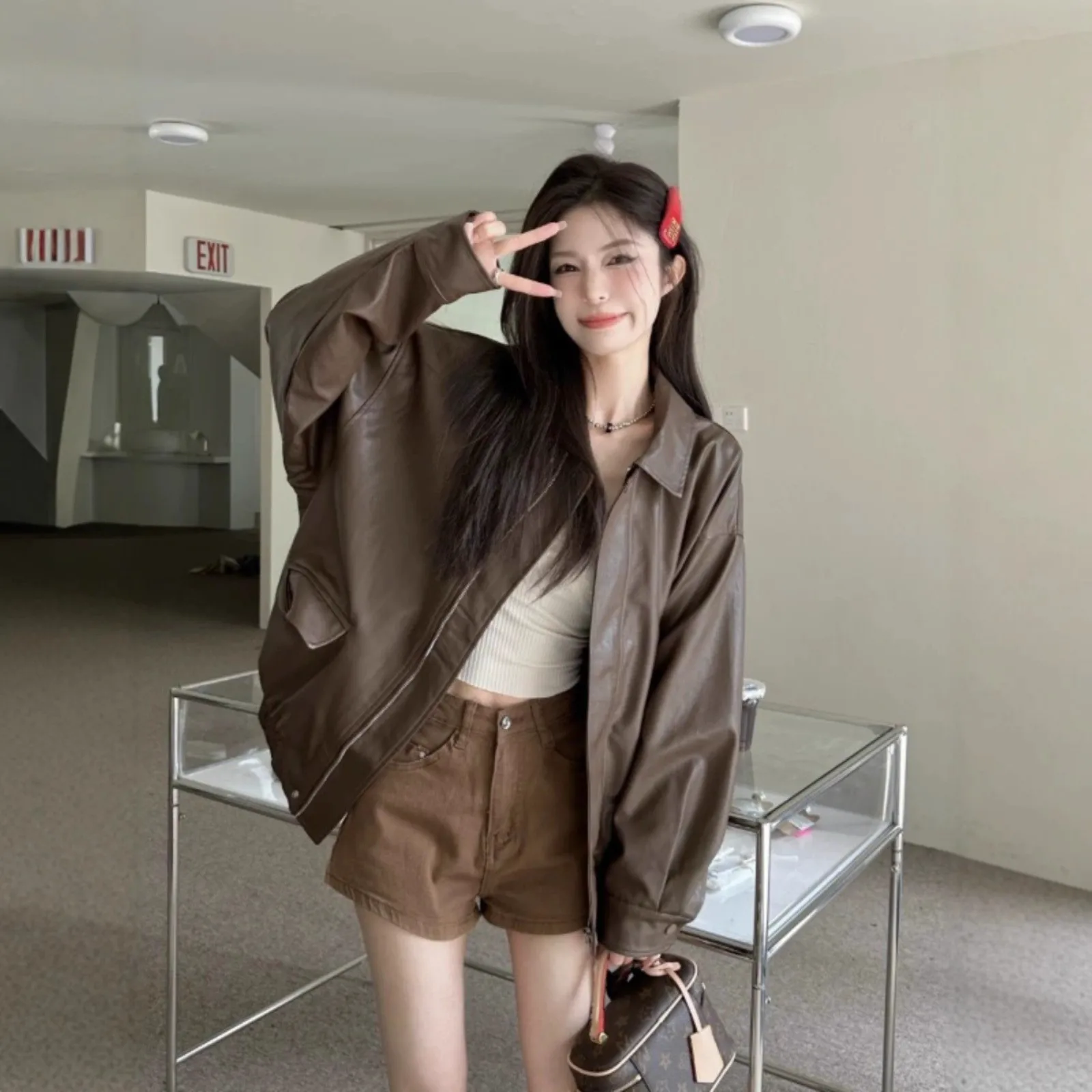 

Retro High Street Jacket Loose Leather Coat Women's Sweet Cool Casual Motorcycle Top Trendy Autumn New Style Versatile