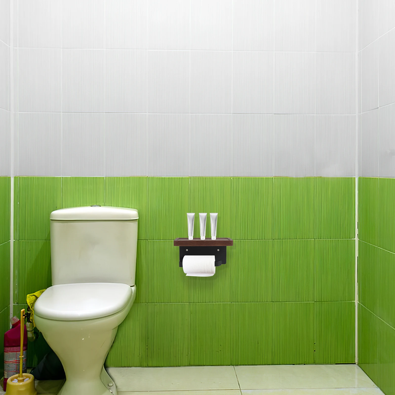 

Bathroom Toilet Paper Holder with Wood Shelf Wall Mounted Sturdy Roll Paper Rack Multipurpose Storage Organizer for Bathroom